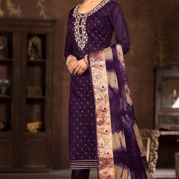 Dark Purple Weaved Chanderi Silk Straight Cut Trouser Suit - Picture 3 of 5